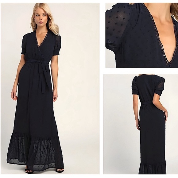 Lulus Dresses & Skirts - NWT Lulu's Exclusive Falling Into You Navy Blue Swiss Dot Tiered Maxi Dress | XS